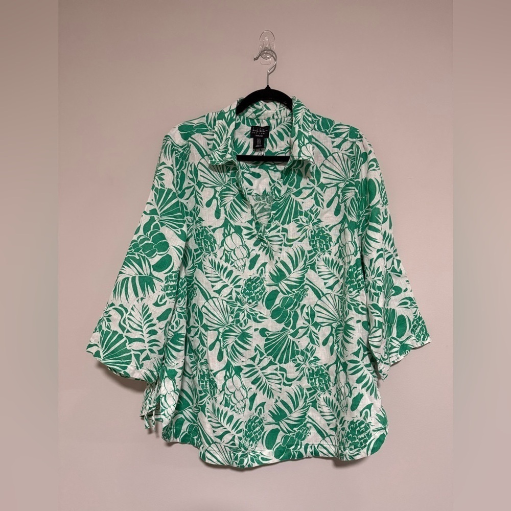 Nicole Miller Floral 100% Linen Popover Tunic Top 1X Cruise Resort Tropical
